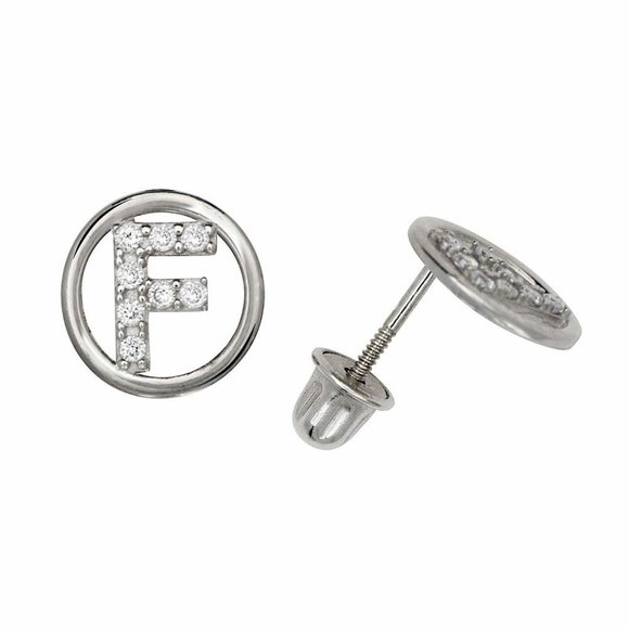 14K Solid White Gold 8mm Letter Initial Halo CZ Stud Alphabet Earrings - Picture 6 of 16
